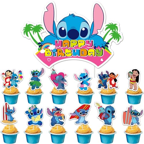 KASULO 49 Stück Stitch Tortendeko, Lilo & Stitch Happy Birthday Cake Topper, Geburtstag kuchen deko, Stitch Theme Tortenaufleger für Geburtstagsfeier, Babyparty von KASULO