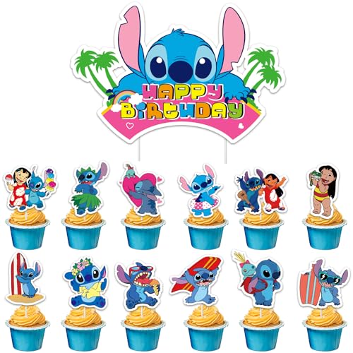 KASULO 49 Stück Stitch Tortendeko, Lilo & Stitch Happy Birthday Cake Topper, Geburtstag kuchen deko, Stitch Theme Tortenaufleger für Geburtstagsfeier, Babyparty von KASULO