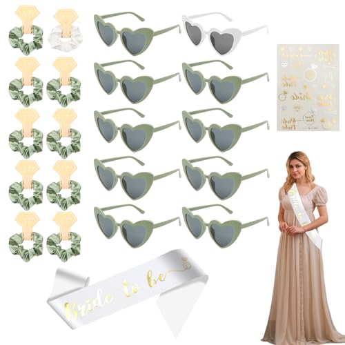 KASURE 22-teiliges Set Bachelorette Party Accessories,Team Bride Party Herzbrille,10 Herzförmige Sonnenbrille+10 Bride Stirnbänder+1 Schultergurt+1 Aufkleber Für Junggesellenabschied Dekoration(Grün) von KASURE