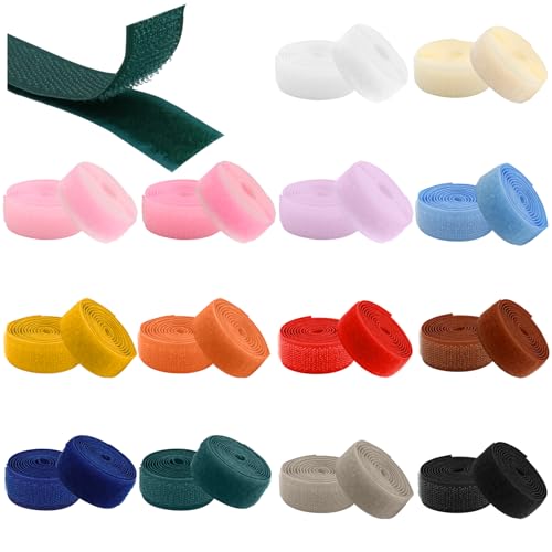 KASURE 28 Stück Klettband zum Nähen, 14 Farben Nylon Gewebe-Klebeband mit Non-Kleber, 20mm x 1m Klettverschluss zum Nähen Extra Stark Hakenband und Flauschband Klettband Beidseitig von KASURE