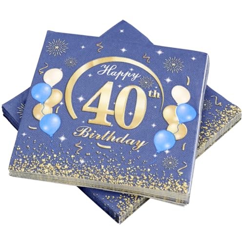 KASURE 50 Stück Deko 40 Geburtstag Junge Servietten Mit Happy Birthday Konfetti, 33x33cm 40 Geburtstagsdeko Servietten Für Geburtstagsfeier, Blau & gold 40 Geburtstag Mädchen Junge Jubiläum Servietten von KASURE