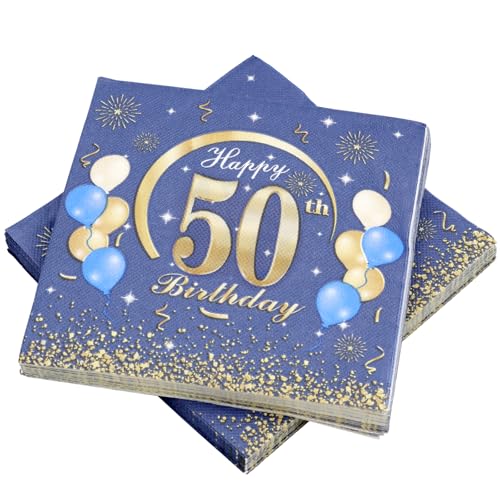 KASURE 50 Stück Deko 50 Geburtstag Junge Servietten Mit Happy Birthday Konfetti, 33x33cm 50 Geburtstagsdeko Servietten Für Geburtstagsfeier, Blau & Gold 50 Geburtstag Mädchen Junge Jubiläum Servietten von KASURE