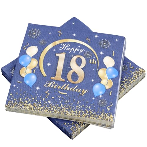 KASURE 50Stück Deko 18 Geburtstag Junge Servietten Mit Happy Birthday Konfetti, 33x33cm 18 Geburtstagsdeko Servietten Für Geburtstagsfeier, Blau &gold 18 Geburtstag Mädchen Junge Jubiläum Servietten von KASURE