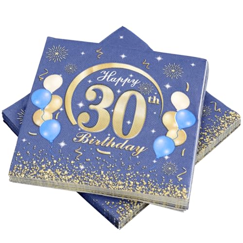 KASURE 50Stück Deko 30 Geburtstag Junge Servietten Mit Happy Birthday Konfetti, 33x33cm 30 Geburtstagsdeko Servietten für Geburtstagsfeier, Blau & Gold 30 Geburtstag Mädchen Junge Jubiläum Servietten von KASURE