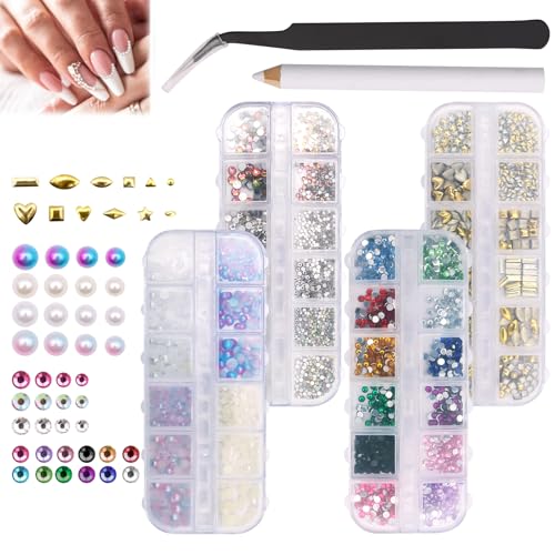 KASURE 4 Boxen Strasssteine Nägel, Mehrfarbig Glitzersteine zum Basteln, Nailart Rhinestones für Nagelkunst und DIY-Basteldekoration, Wird mit Bohrstift und Ellenbogenpinzette Geliefert von KASURE