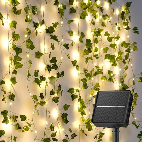 KASZOO Efeu Künstlich mit 100LED Solar Lichterkette, 10M/32Ft 8 Modi, Wasserdicht Solar Lichterkette Aussen für Garten, Balkon, Hochzeit, Zaun, Camping, Weihnachten, Dekorationen von KASZOO