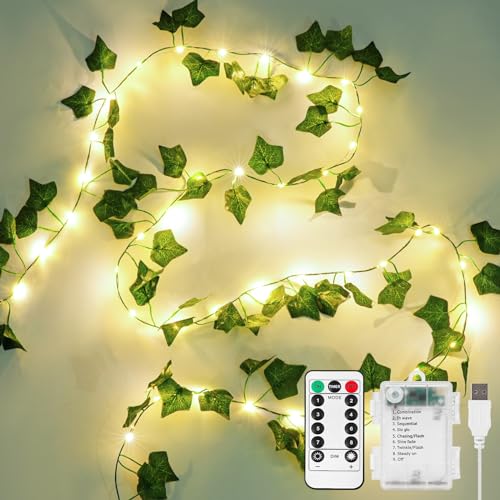 KASZOO Efeu Lichterkette, 10M Efeu Künstlich mit 100 LED-Licht Batterie Lichterkette, Fake Efeu Girlande Lichterkette Efeu für Hochzeit Party Garten Wohnung Balkon von KASZOO