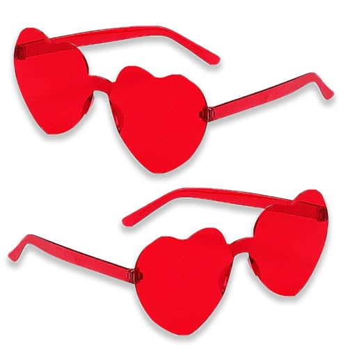 KATELUO Herz Sonnenbrille, 2PCS Sonnenbrille Herz Rot, Hippie Herzförmige Brille, Randlose Sonnenbrille, Lustige Partybrille, Herzförmige Sonnenbrille Dame für Birthday Feste Strand Fasching von KATELUO