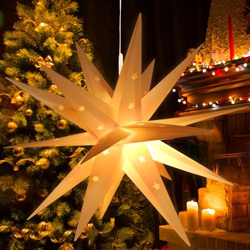 Leuchtstern 3D Weihnachtsstern Beleuchtet, 45cm LED Weihnachtsstern mit Timer für innen und Außen, 3D Außenstern Weiß Weihnachtssterne Beleuchteter, Faltstern für Fensterstern Deko Weihnachtsdeko (A) von KATELUO