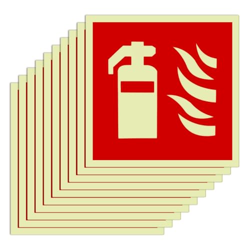 KATIMI 10 Stück Feuerlöscher Schild Nachleuchtend, Brandschutzzeichen Selbstklebend, PVC Schild Feuerlöscher, Starker Kleber Feuerlöscher Aufkleber für Außen und Innen (15 × 15cm) von KATIMI