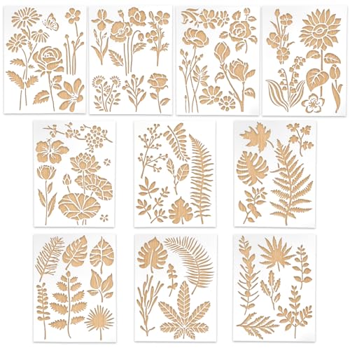 KATIMI 10 Stück Malerei Schablonen Textilgestaltung, 13 × 17 cm Blätter Stencil Schablonen Malen, Wiederverwendbar Blumen Airbrush Schablonen Wandgestaltung, Schablone für DIY Scrapbooking Wand Deko von KATIMI