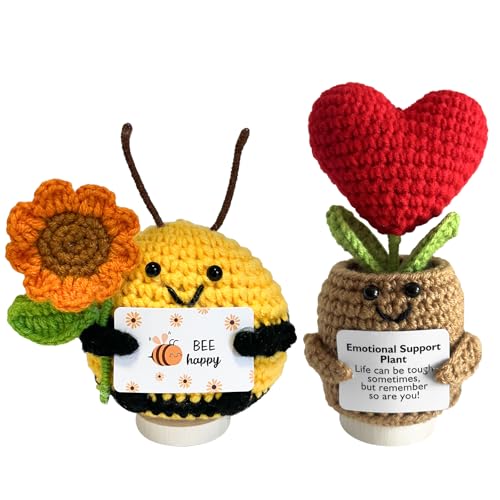 KATIMI 2 Stück Pocket Hug Biene Glücksbringer Geschenke, Emotional Support Plant, Funny Positive Bee, Rotes Liebesherz Positive Geschenke mit Holzsockel, Mutmacher Geschenk für Frauen Friends von KATIMI