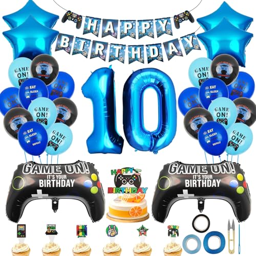 KATIMI Gamer Deko 10 Geburtstag Junge Mädchen, Videospiel Luftballons Geburtstagsdeko Jungen, Geburtstagsdeko 10 Jahre Junge mit Happy Birthday Banner, Deko Geburtstag Junge für Spielthemen Party von KATIMI