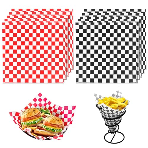 KATIMI Kariertes, fettdichtes Papierbögen-Set, öldichtes Burger-Wachspapier, Lebensmittelqualität, Geschenkpapier für Delikatessen, Hamburger, Kuchen, Käse (2 Farben, 22 x 22 cm), 200 Stück von KATIMI