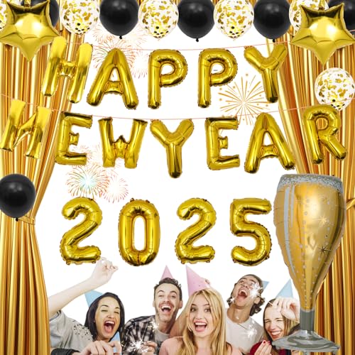 KATIMI Silvester Deko 2025 XXL Dekoration Set, Neujahr Silvesterdeko, Happy New Year Girlande Deko 2025, Folienballons Fotorequisiten Konfetti Ballons, Silvesterpartydeko Accessoire für Silvesterparty von KATIMI