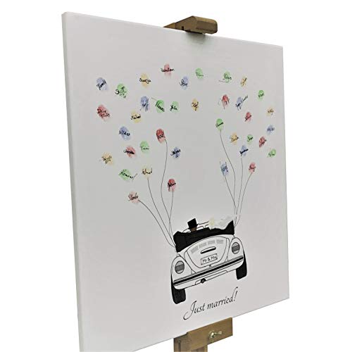 KATINGA Leinwand zur Hochzeit - Motiv Auto (weiß) mit Spruch Just Married! - als Gästebuch für Fingerabdrücke (40x50cm) (weiß) von KATINGA