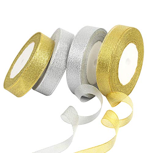 KATOOM 100Yard Geschenkband 4Rolle Gold Silber Schleifenband zum basteln Goldband Glitzer Dekoband Goldenes Band für Geschenk Verpackung Hochzeit Weihnachten Dekoration von KATOOM