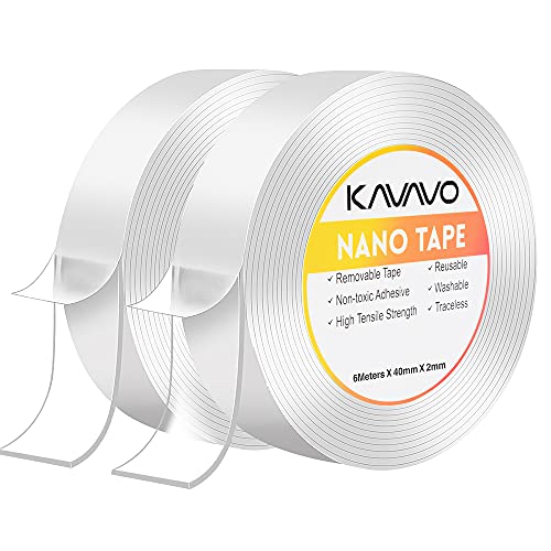 Wiederverwendbares doppelseitiges Nano-Klebeband, multifunktionales, spurloses, entfernbares,Klebeband, waschbares, starkes, klebriges Gelband für Büro, Teppich, Küche, Fotos fixiert (600cm*2Pack) von KAVAVO