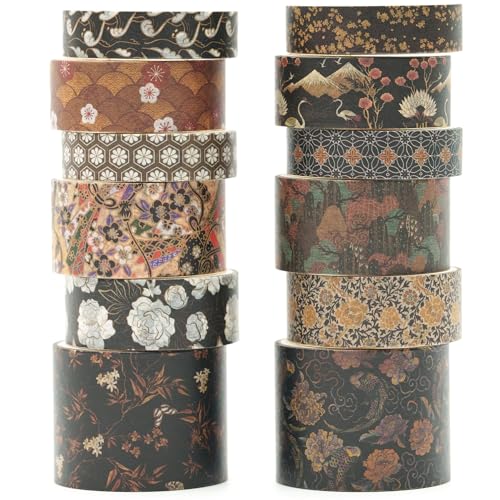 KAVI' S 12 Rollen Kyoto Charme Washi Tape Set Klebeband Papier Dekorativ Masking Tape Klebeband Bunt für Scrapbooking Handwerk Handwerk (Black Elegance) von KAVI' S