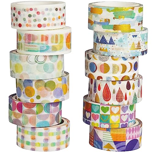 KAVI' S 12 Rollen Washi Tape Set Klebeband Papier Dekorativ Masking Tape Klebeband Bunt für Scrapbooking Handwerk Handwerk (Basic Patterns) von KAVI' S