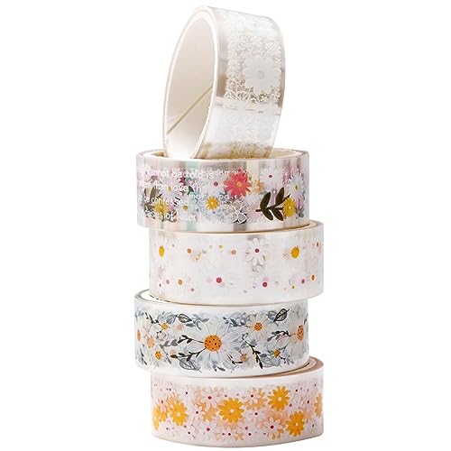 KAVI' S 5 Rollen Blumen Washi Tape Set Klebeband Papier PET Dekorativ Weinlese Masking Tape Durchsichtig Klebeband Bunt für Scrapbooking Handwerk Handwerk (Daisy) von KAVI' S