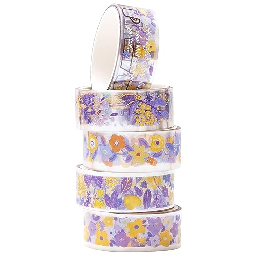 KAVI' S 5 Rollen Blumen Washi Tape Set Klebeband Papier PET Dekorativ Weinlese Masking Tape Durchsichtig Klebeband Bunt für Scrapbooking Handwerk Handwerk (Purple Blossoms) von KAVI' S
