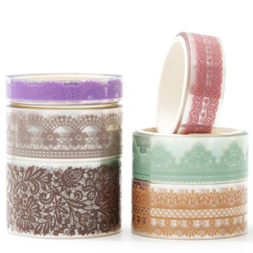 KAVI' S 6 Rollen Lace Muster Washi Tape Set PET Masking Tape Dekoratives Klebeband für Scrapbooking, Geschenkverpackung, Urlaubsdekoration (Gentle and Graceful) von KAVI' S