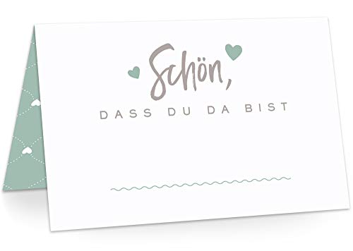 Tischkarten Platzkarten Namenskarten für Hochzeit Geburtstag Feier Taufe Kommunion Konfirmation Firmung Jugendweihe, 50 Stück Premium Qualität, Herzchen-Dekor, Desert Sage (Grün) von KAWAI-KAMI