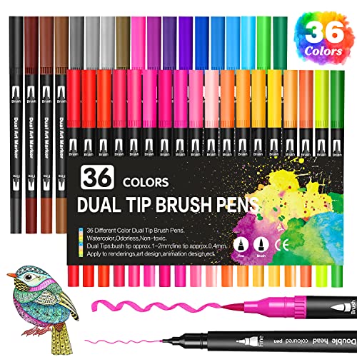 KAZATE Dual Brush Pen Set 36 Farben Filzstifte Set Dicke und Dünne Stifte Set für Erwachsene und Kinder Doppelfasermaler Pinselstifte für Handlettering Kalligraphie Malen Mandala von KAZATE