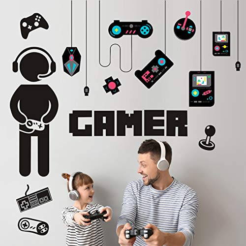 KAZITOO Blätter mit Gamer-Wandaufklebern mit bunten Controller-Wandaufklebern, Vinyl-Gaming-Joystick-Cartoon-Party-Tapete, abnehmbares Videospiel-Wandbild für Jungen, Männer, Kinder, Spielzimmer, Schl von KAZITOO