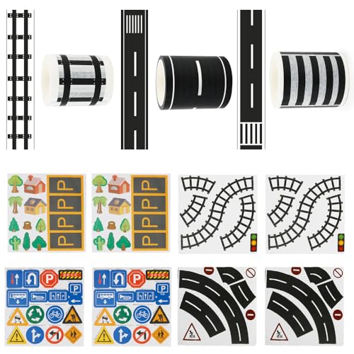 KBIBCK Eisenbahn Straßen Klebeband, 11 Stück Züge Eisenbahnen Straße Washi Tape Set Masking Tape, Spur Straßenband Eisenbahn Straße Klebeband mit Verkehrszeichen Aufkleber für Spielen, Kunst, DIY von KBIBCK