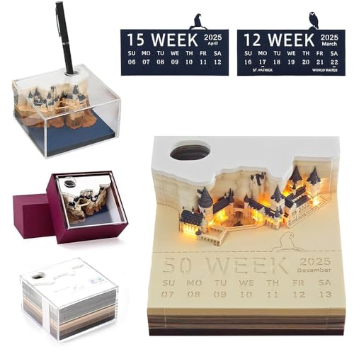 KBIBCK 3D Notizblock, 3D Kalender Abreißen 2025, Time Piece Calendar mit Licht und Stifthalter, 3D-Magic Castle-Wochenkalender, 3D Calendar Paper Carving Art Memo Pad, Papierskulptur Desktop Ornament von KBIBCK