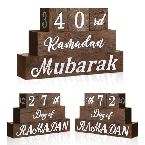 KBIBCK 5er Set Ramadan Countdown Blöcke Set, Eid Kalender Countdown Dekoration, Holz Ramadan Tisch Ornament, Mubarak Holz Schild für Eid und Ramadan Dekoration, Traditionelle Ramadan Deko von KBIBCK