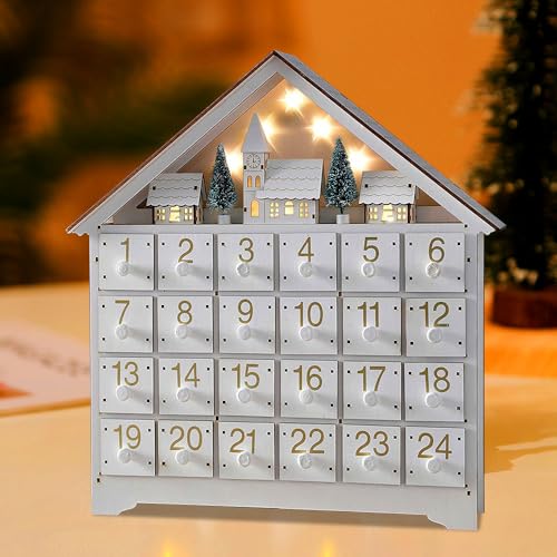 KBIBCK Adventskalender zum Befüllen Holz, LED Adventskalender, Weihnachten Adventskalender zum Befüllen, Weihnachtsdeko Holz LED, Adventskalender mit 24 Schubladen Heimdekoration (41,5x8,5x33,6 cm) von KBIBCK