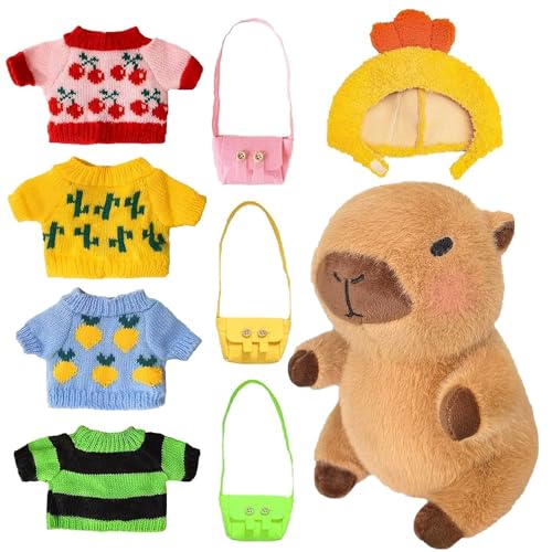 KBIBCK Capybara Plüschtier, 23cm Capybara Kuscheltier, Niedlichen Capybara Plushie mit Kleidung Tasche Hut, Simulation Tier Capybara Puppen, Capybara-Stofftier, für Home Deko Kinder von KBIBCK