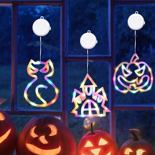 KBIBCK Halloween Lichterkette, 3 Stück Halloween Deko Fenster Lichter, Halloween Fensterlichter mit Saugnapf, Buntes Kürbis, Katze, Schloss,Batteriebetriebene für Fenster Innen Außen Party Dekorations von KBIBCK