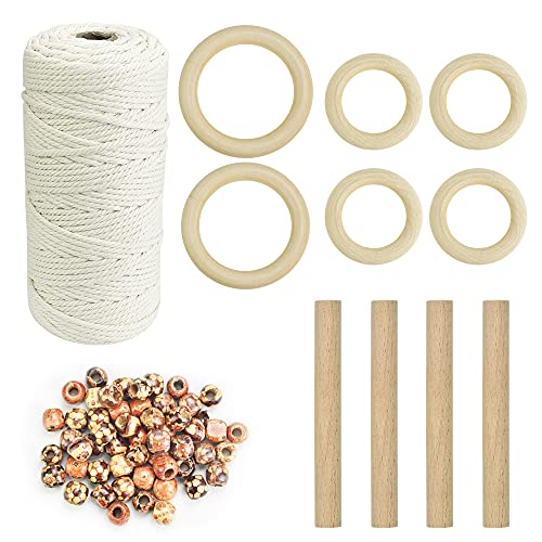 KBNIAN 100M Makramee Garn(3mm) mit 50 Holzperlen, 2 Holzschlaufen (7 cm), 4 Holzringe(5 cm) Und 4 Holzstäbchen für DIY Handwerk Traumfänger Wandteppichen Pflanzenbügel von KBNIAN