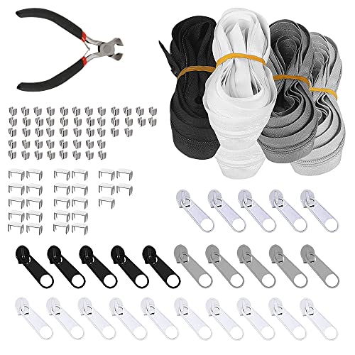 KBNIAN 5 Stück Endlosreissverschluss 2.5 Meter Nylon Reißverschluss Endlos mit 100 Stück Zipper Reparatur Set und Zangen für Kleidung, Rucksack, Heimtextilien -weiß/schwarz/dunkelgrau/hellgrau von KBNIAN