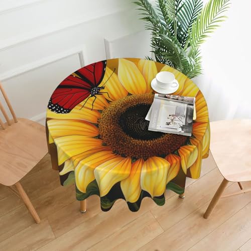 KCGSDEGV Runde Tischdecke, Motiv: gelbe Sonnenblumen mit rotem Schmetterling, 152,4 cm, wasserabweisend, waschbar, Tischdecken für Küche und Esszimmer von KCGSDEGV