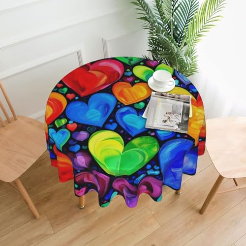 KCGSDEGV Runde Tischdecke mit Regenbogen-Herzen, bedruckt, 152,4 cm, wasserabweisend, waschbar, Tischdecken für Küche und Abendessen von KCGSDEGV