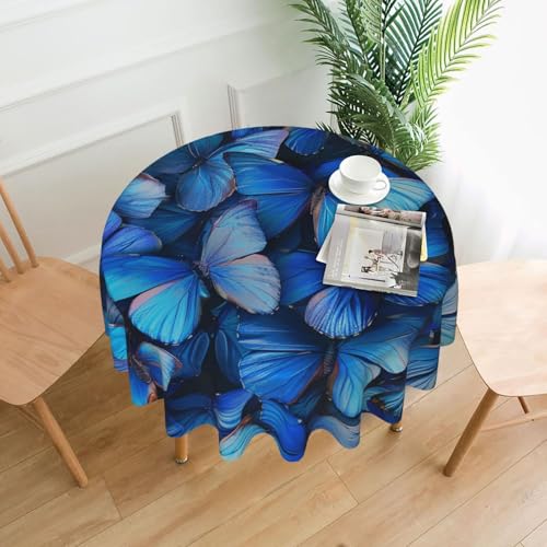 KCGSDEGV Tischdecke, rund, bedruckt, Motiv: viele blaue Schmetterlinge, 152,4 cm, wasserabweisend, waschbar, Tischdecken für Küche und Esszimmer von KCGSDEGV