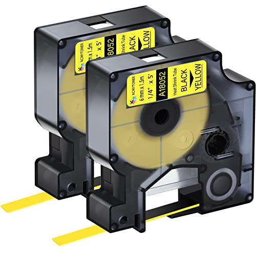 KCMYTONER 2 Stück bedruckbares Schrumpfschlauch-Etikettenband 18052 Schwarz auf Gelb, 6 mm, kompatibel für DYMO Industrial Label Makers Rhino 1000 3000 4200 5000 5200 6000 LabelManager 450 Duo von KCMYTONER