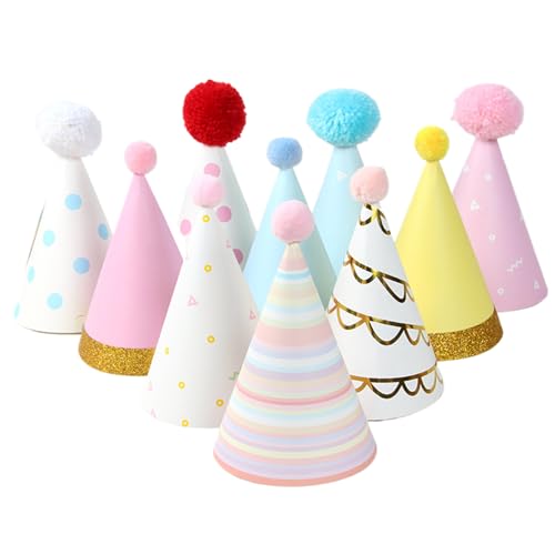 KDAMGOQE 10pcs Partyhüte 4x6.7in bunte Geburtstagshüte mit Pom Poms Zufallsstil Geburtstagskegel Hüte mit elastischen Strücken Geburtstag dekorativen Hut für Kinder Erwachsene Geburtstagshut von KDAMGOQE