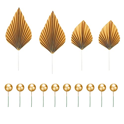 Papierpalmenkuchen Dekorationen 4 Blatttopper DIY Cupcake Toppers 10 runde Ball Sert Dekoration Geburtstag Ornament für die Dekoration von Handwerksfeier Hochzeit (Gold) Gold Cupcake Topper von KDAMGOQE