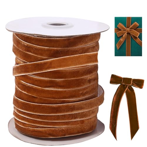 Samtband, 50 Meter langes Samtband, 3/8 '' breites einseitiges Samt -Weihnachtsband mit Spulen, Samtband für Bögen, die Geschenkverpackung hellbraun, 3/8 Samtband von KDAMGOQE