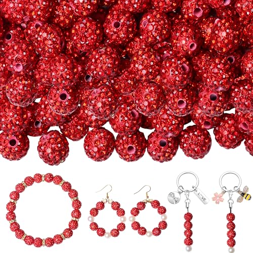 100 Stück 10 mm Strass-Perlen für Schmuckherstellung, rote Tonperlen, runde Polymer-Discokugel-Perlen, Großpackung, funkelnde Kristall-Baseballperlen für Halsketten, Armbänder, Schmuckherstellung, DIY von KDLJFGSMF1