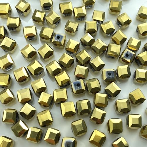 100 Stück 6 mm Kristallglasperlen, würfelförmige Kristallperlen, lose quadratische Form, Abstandshalter für DIY, Handwerk, Schmuckherstellung, Armband, Halskette, Ohrringe (Gold) von KDLJFGSMF1