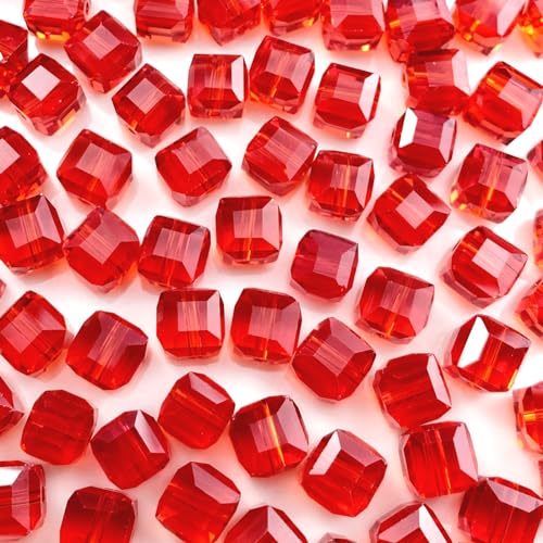 100 Stück 6 mm Kristallglasperlen, würfelförmige Kristallperlen, lose quadratische Form, Abstandshalter für DIY, Handwerk, Schmuckherstellung, Armband, Halskette, Ohrringe (rot) von KDLJFGSMF1