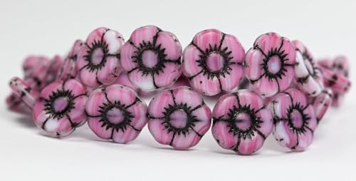 30 Stück runde flache Blume gepresste Glasperlen, rosa Streifen schwarz liniert (75000-46769), 18 mm, Glas, Tschechische Republik von KDLJFGSMF1