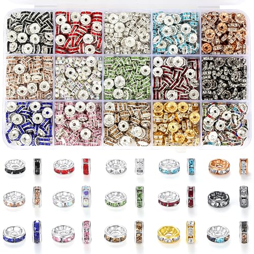 Rondelle-Abstandshalter für Schmuckherstellung, Abstandshalter, Strass, Abstandshalter, Kristall-Abstandshalter für Armbänder, Brennperlen für Stifte, 600 Stück, 8 mm (15 Farben) von KDLJFGSMF1